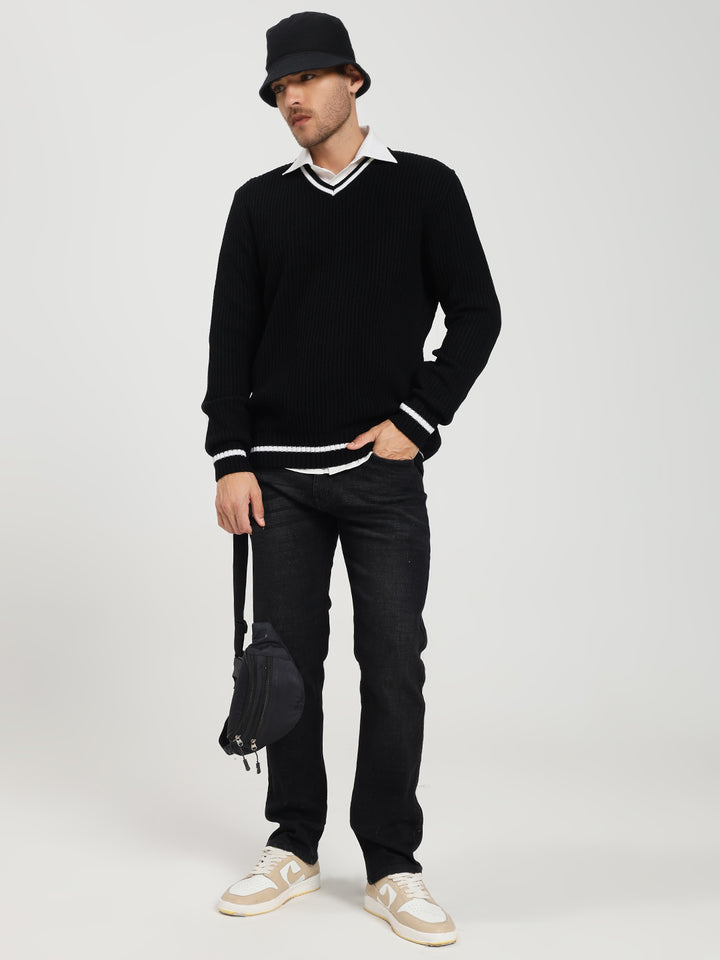 Men's Black V-Neck Sweater With White Stripes