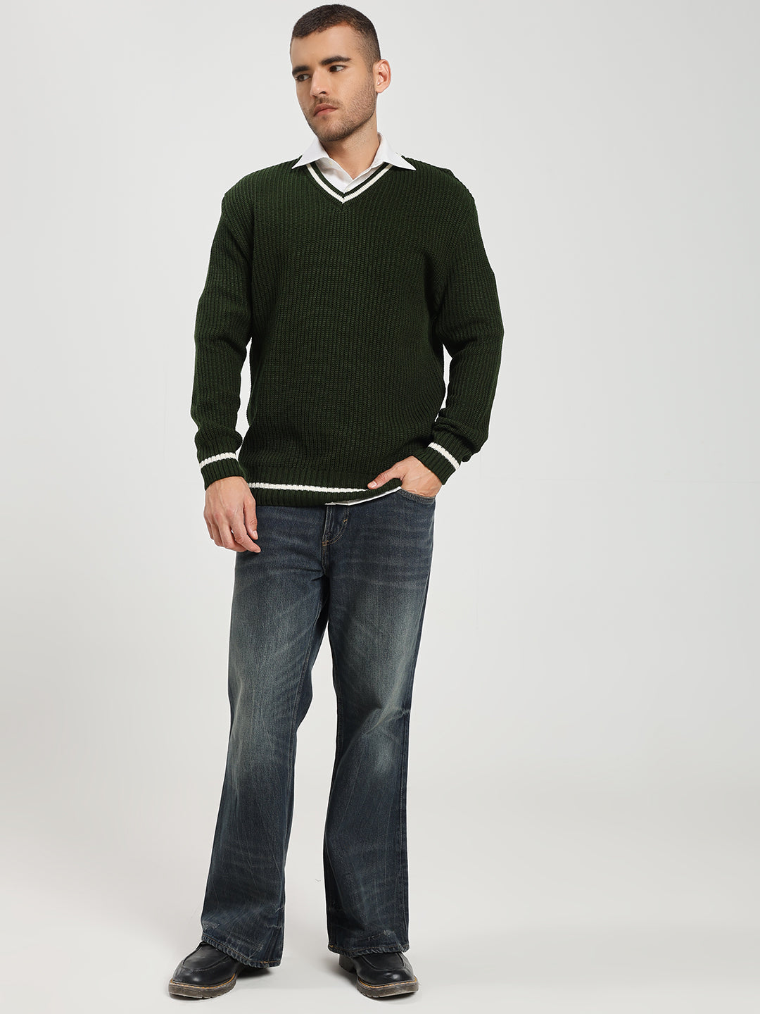 Men's Green V-Neck Sweater With White Stripes