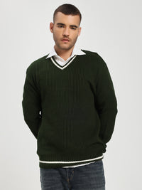 Men's Green V-Neck Sweater With White Stripes