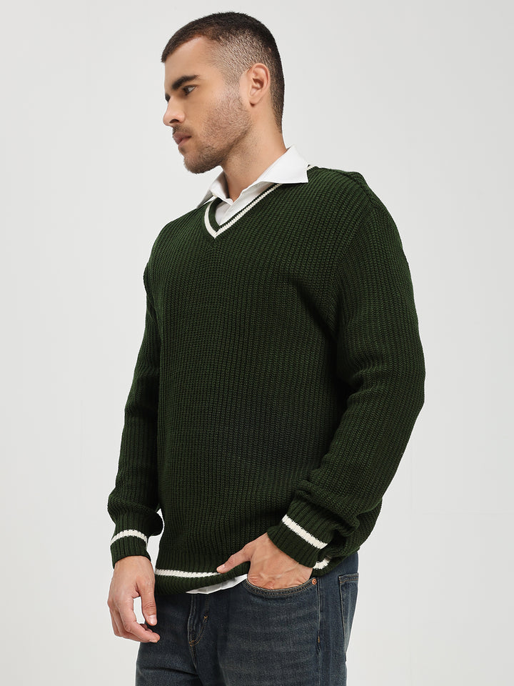 Men's Green V-Neck Sweater With White Stripes