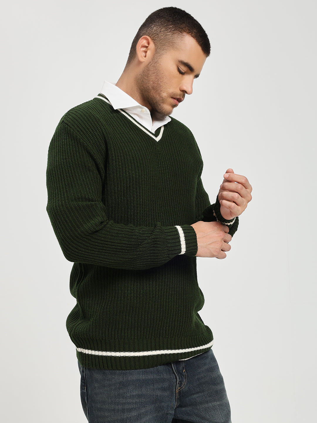 Men's Green V-Neck Sweater With White Stripes