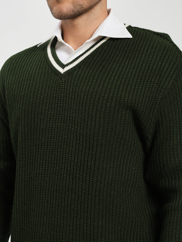 Men's Green V-Neck Sweater With White Stripes