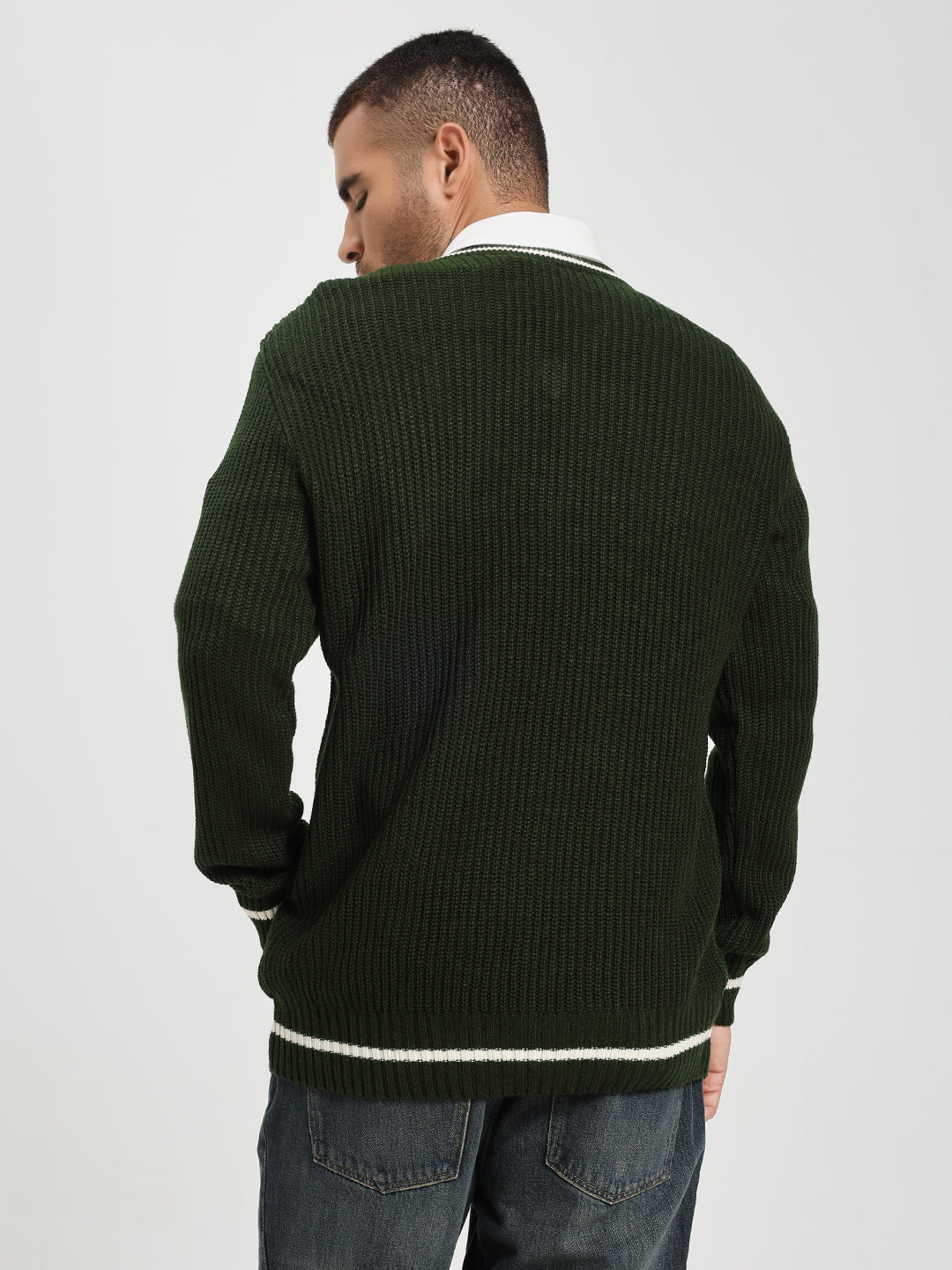 Men's Green V-Neck Sweater With White Stripes
