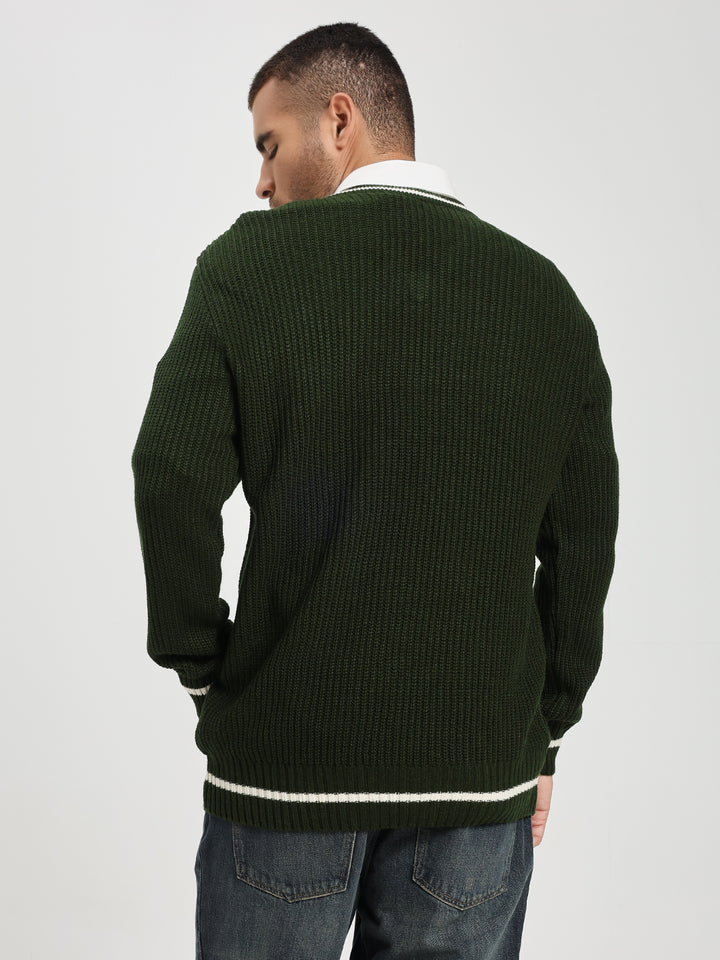 Men's Green V-Neck Sweater With White Stripes