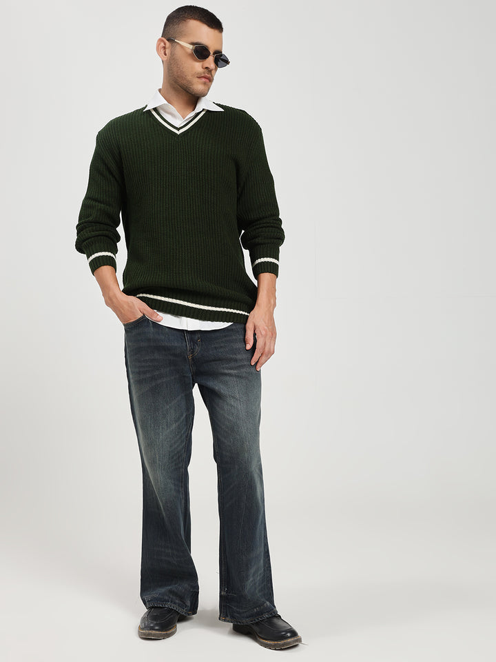 Men's Green V-Neck Sweater With White Stripes