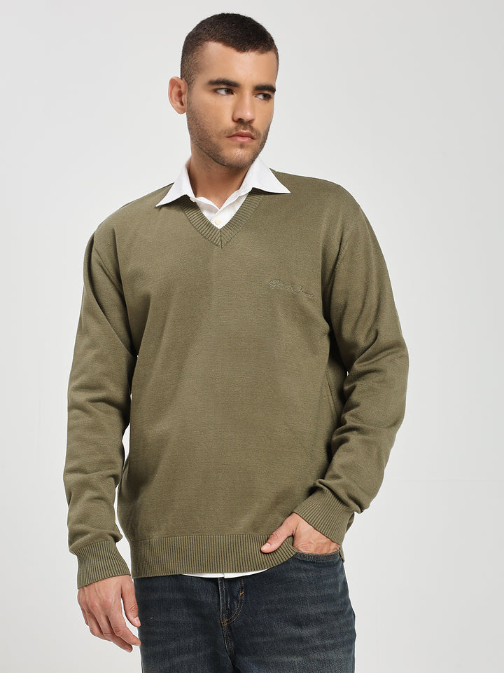 Men’s Olive Green V-Neck Sweater
