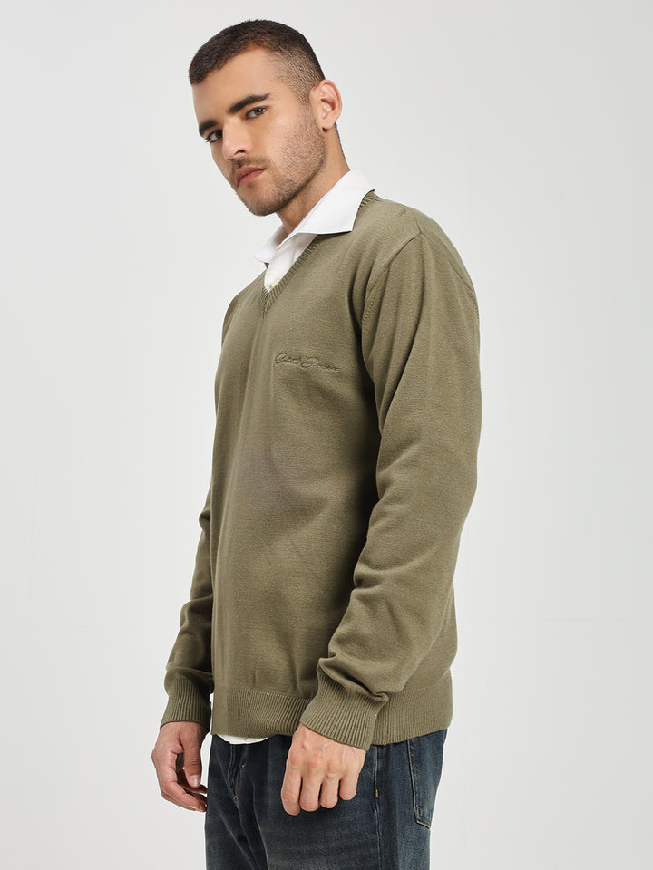 Men’s Olive Green V-Neck Sweater