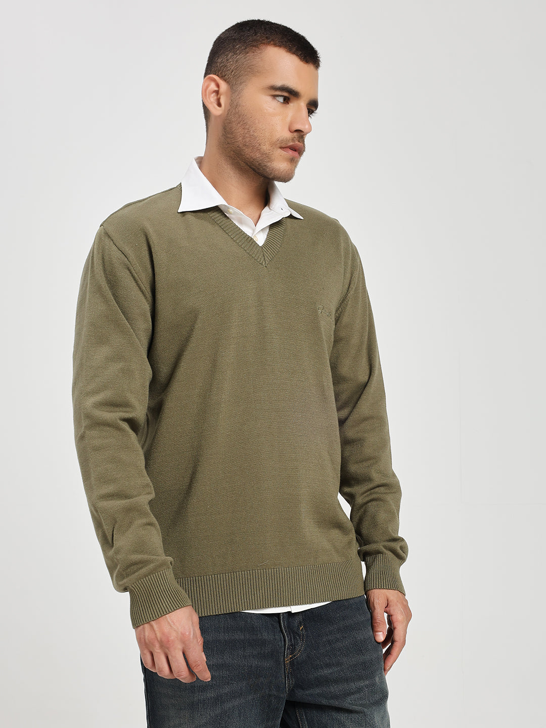 Men’s Olive Green V-Neck Sweater