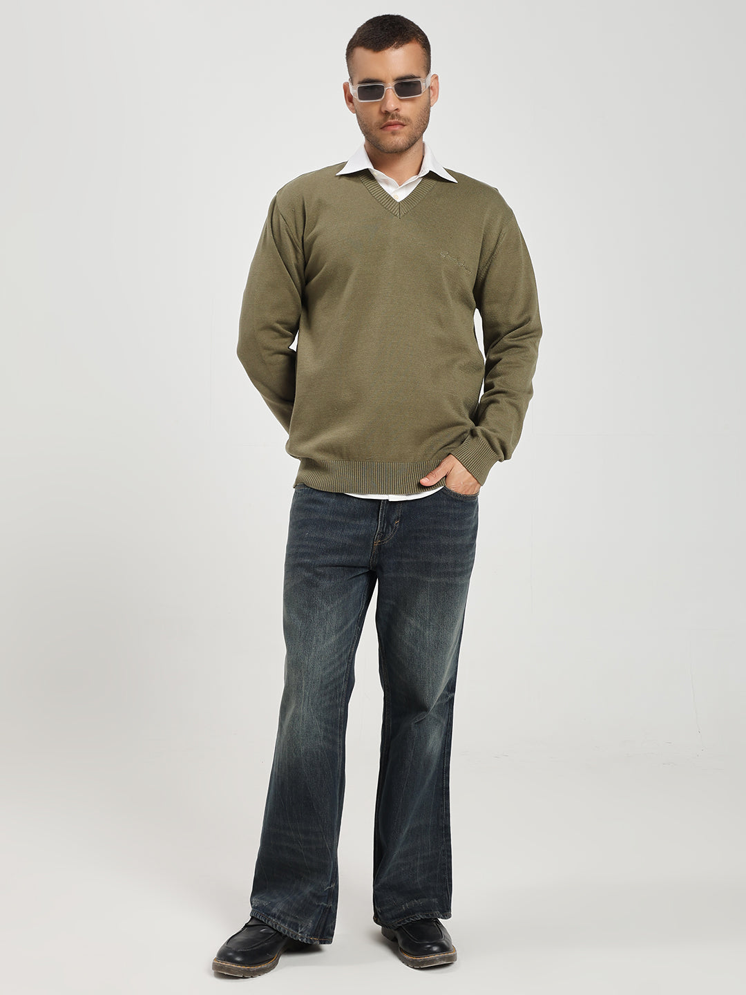 Men’s Olive Green V-Neck Sweater