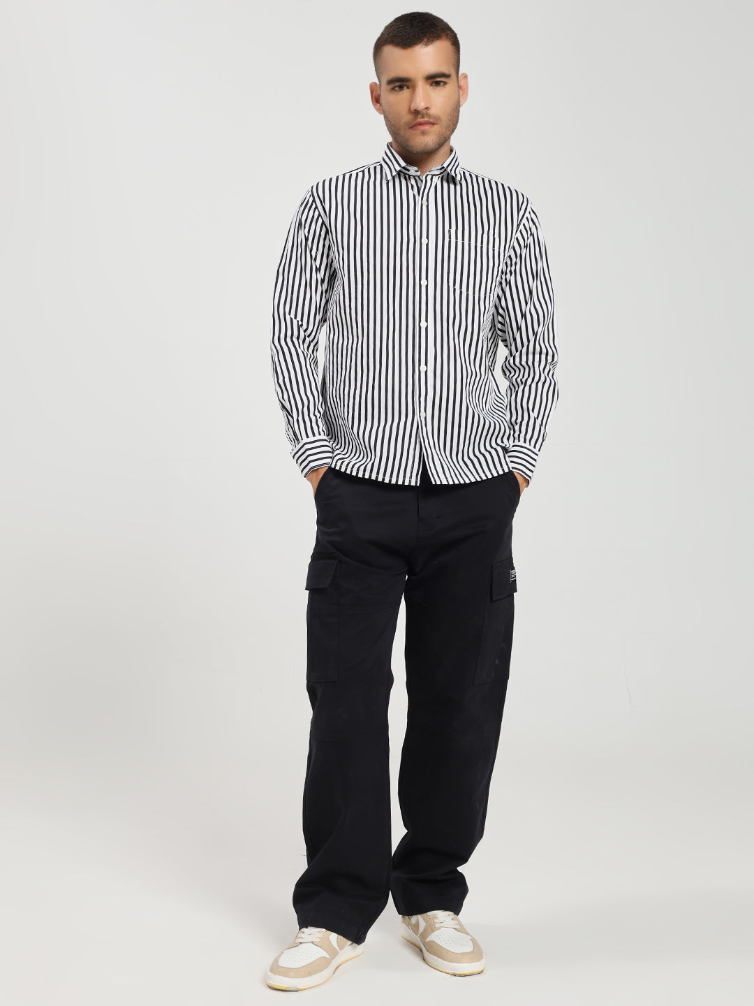 Men’s Classic Black & White Vertical Striped Cotton Shirt
