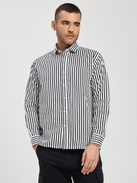 Men’s Classic Black & White Vertical Striped Cotton Shirt