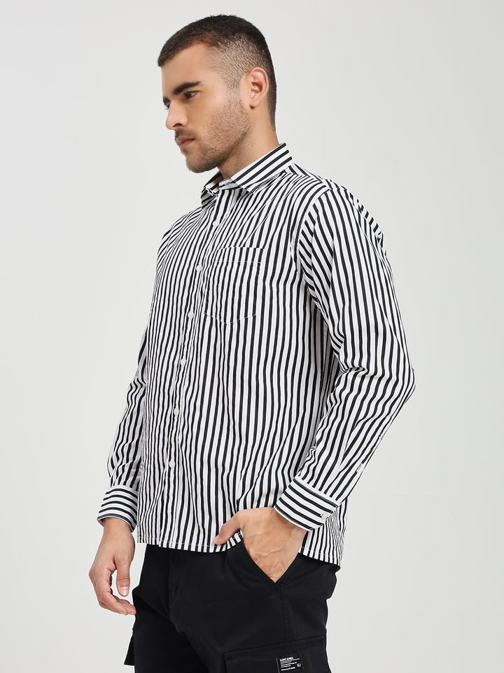 Men’s Classic Black & White Vertical Striped Cotton Shirt