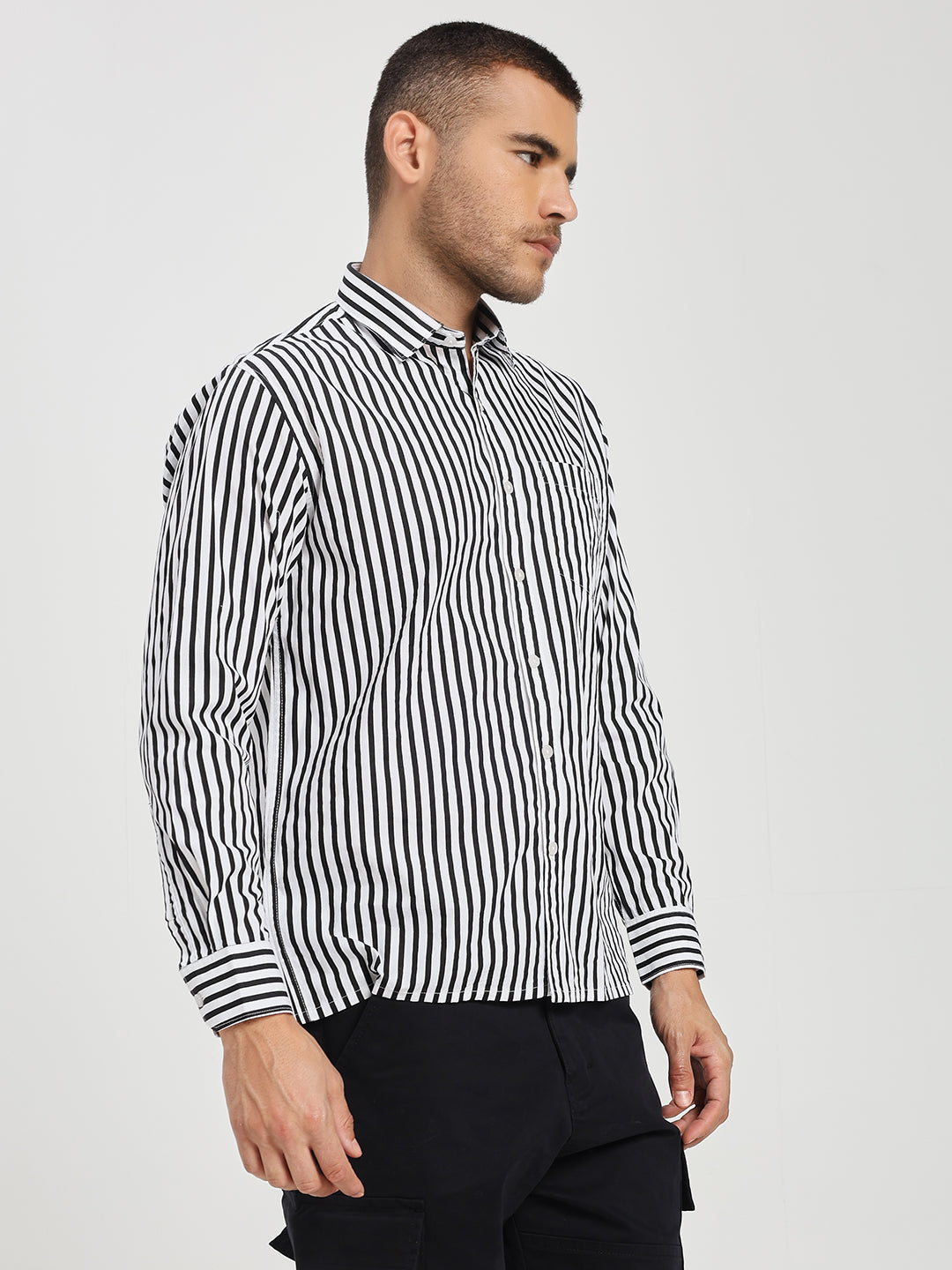 Men’s Classic Black & White Vertical Striped Cotton Shirt