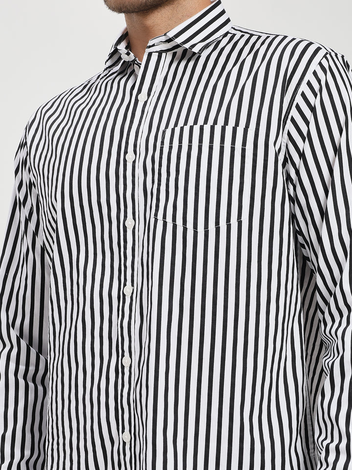 Men’s Classic Black & White Vertical Striped Cotton Shirt