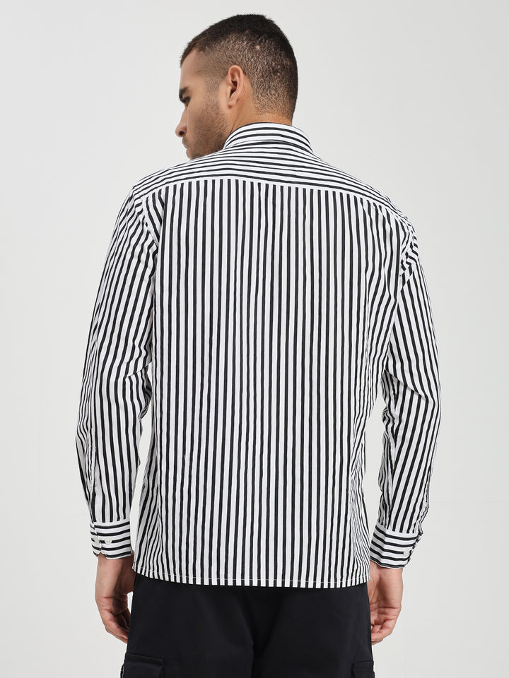 Men’s Classic Black & White Vertical Striped Cotton Shirt