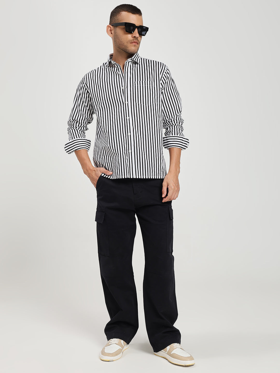 Men’s Classic Black & White Vertical Striped Cotton Shirt