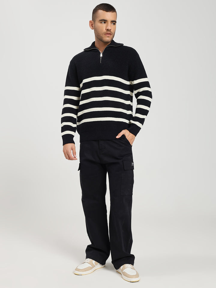 Men’s Black & White Striped Half-Zip Sweater