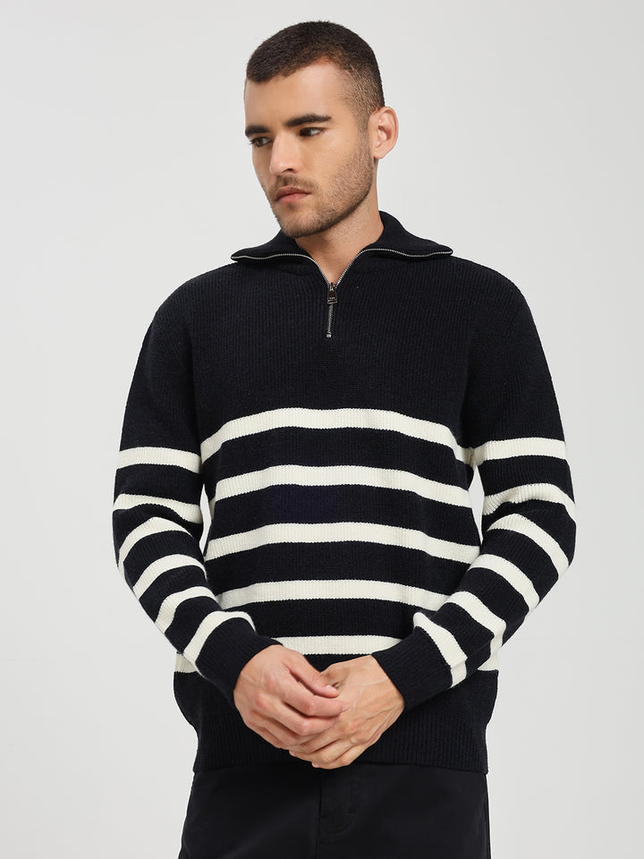 Men’s Black & White Striped Half-Zip Sweater