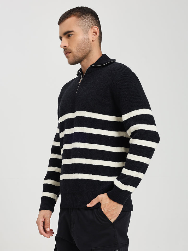 Men’s Black & White Striped Half-Zip Sweater