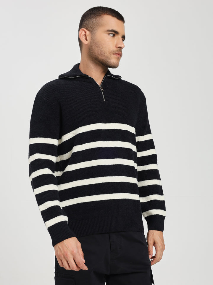 Men’s Black & White Striped Half-Zip Sweater