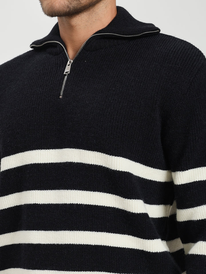 Men’s Black & White Striped Half-Zip Sweater