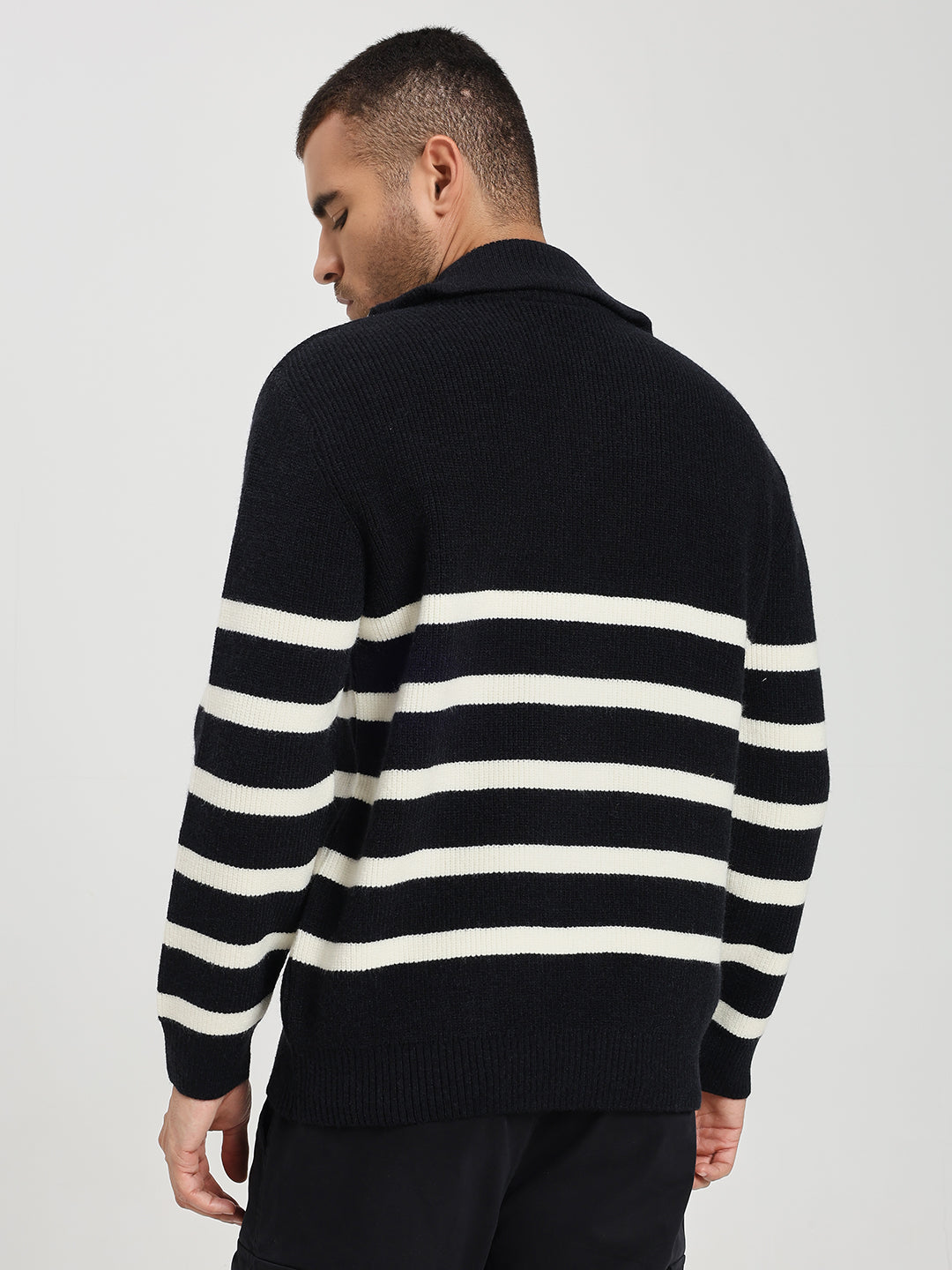 Men’s Black & White Striped Half-Zip Sweater