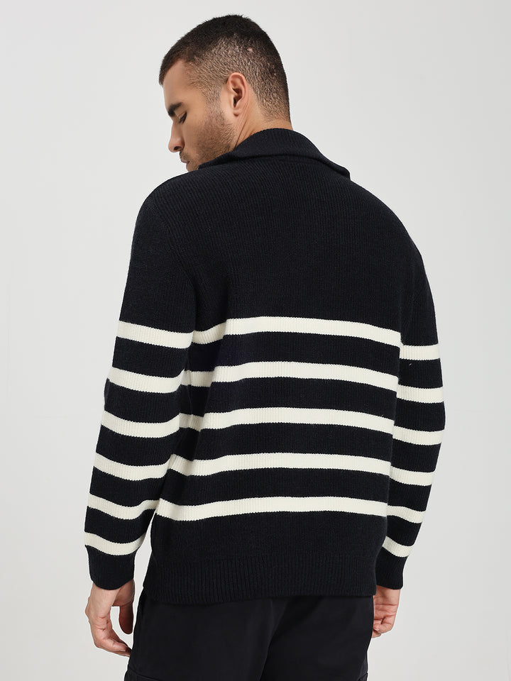 Men’s Black & White Striped Half-Zip Sweater