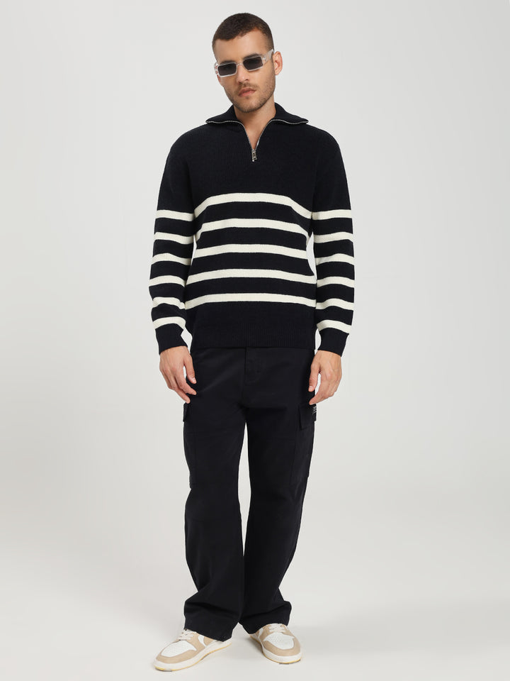 Men’s Black & White Striped Half-Zip Sweater