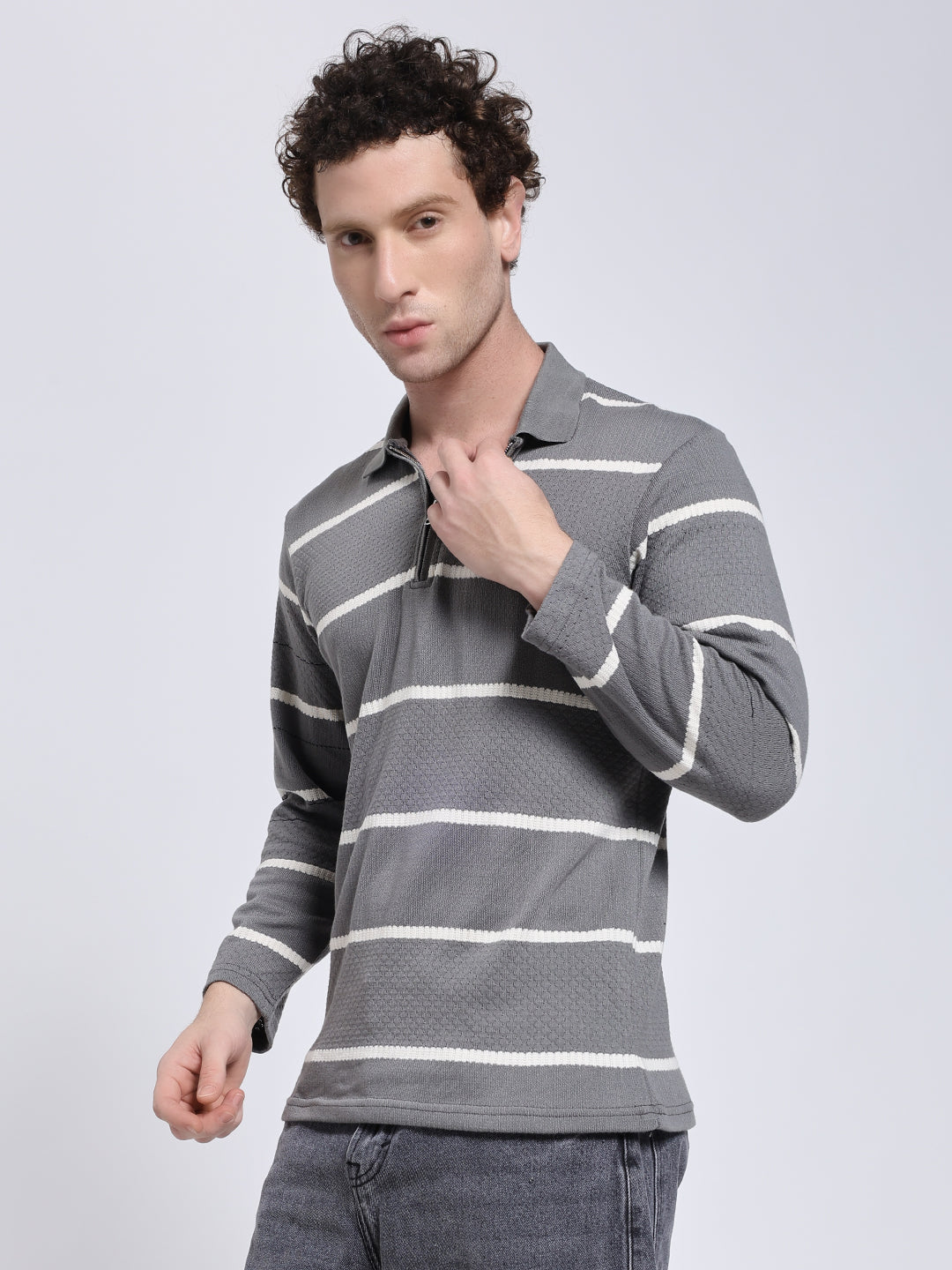 Full sleeve knitted pre-winter grey stripe T-shirt