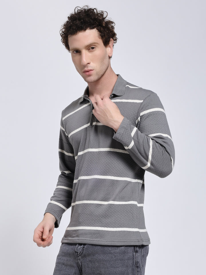 Full sleeve knitted pre-winter grey stripe T-shirt