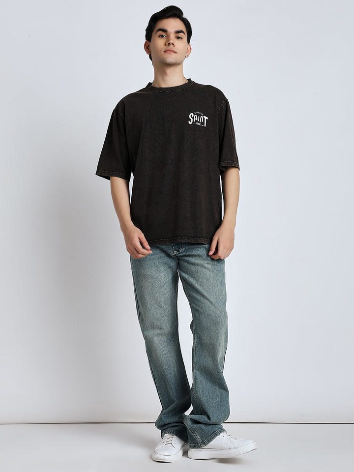 Street style drop shoulder brown wash Tshirt