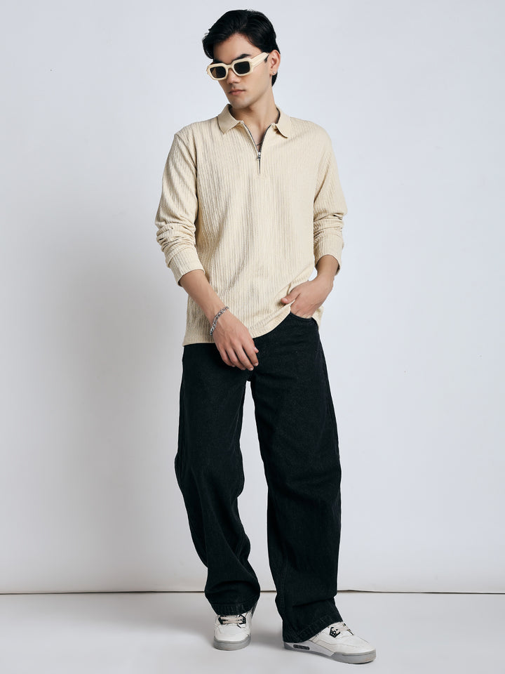 Cream front chain zipper T-shirt