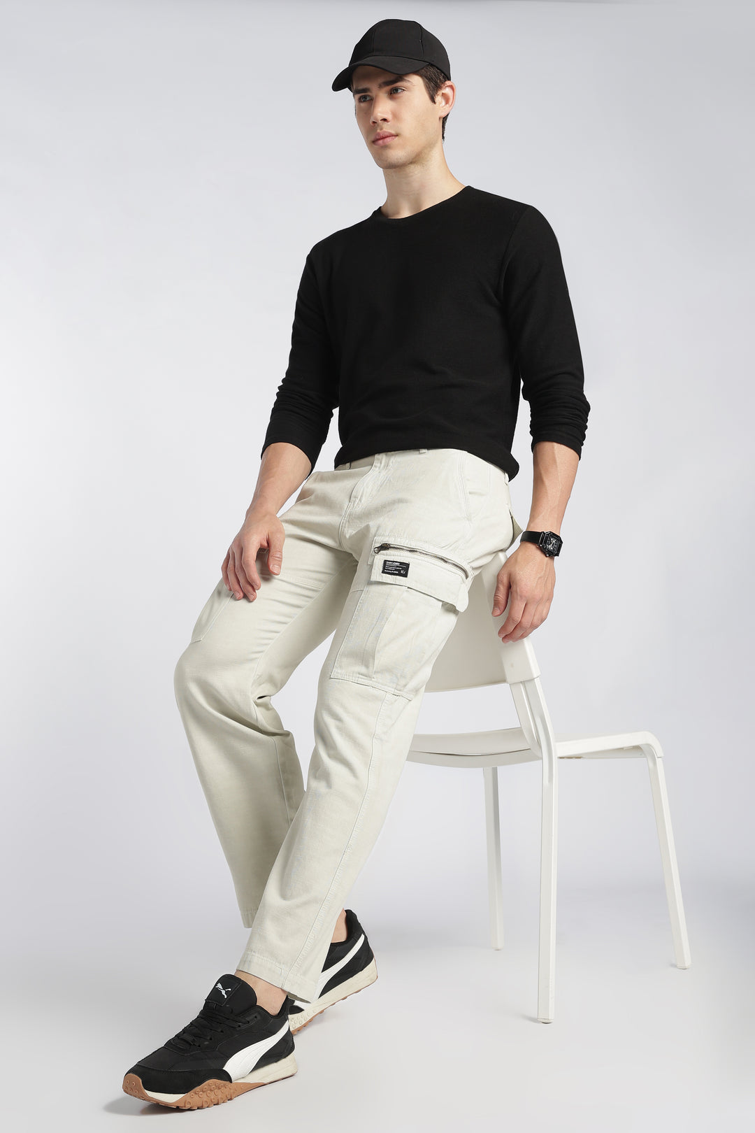 Men’s Cream Linen-Blend Cargo Pants