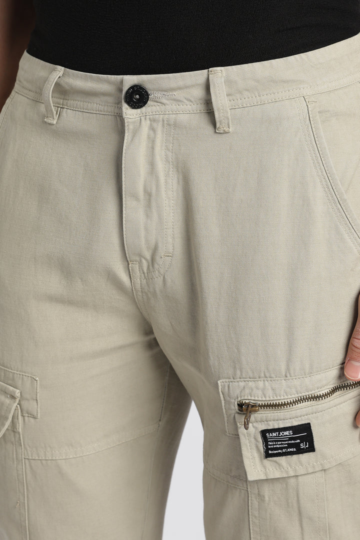Men’s Beige Linen-Blend Cargo Pants
