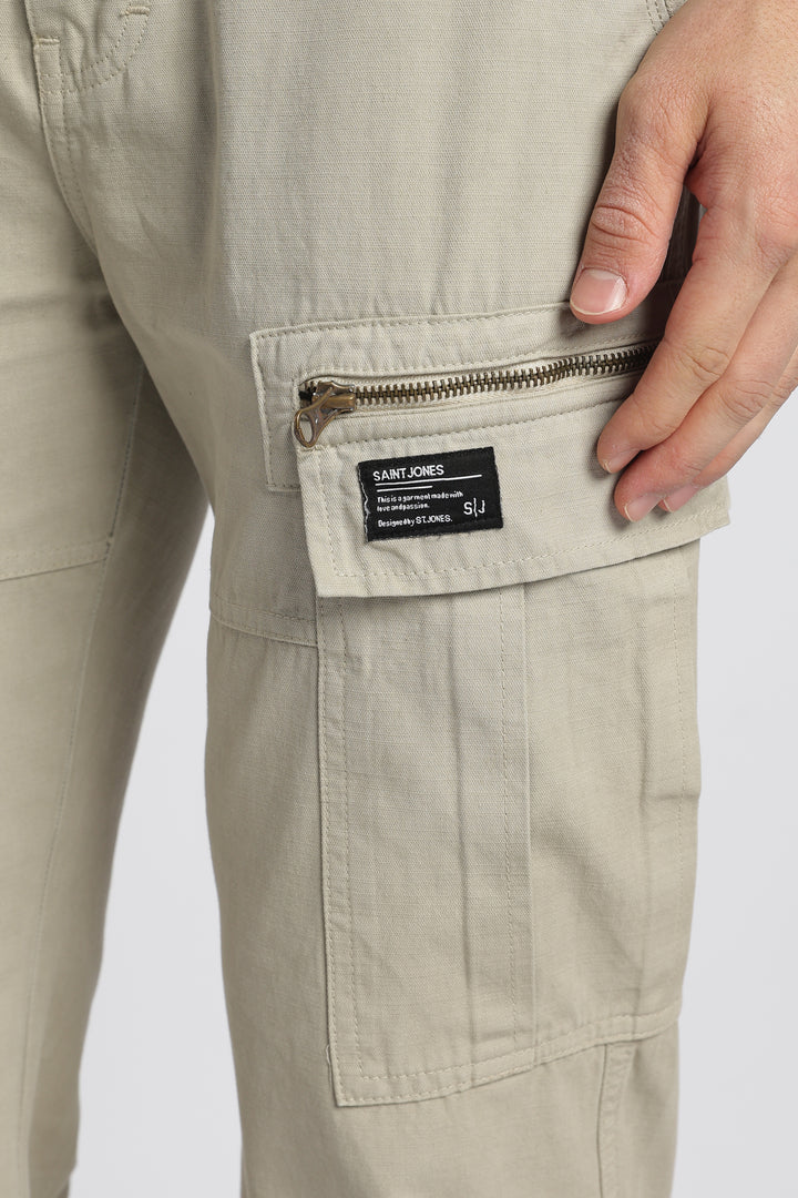 Men’s Beige Linen-Blend Cargo Pants
