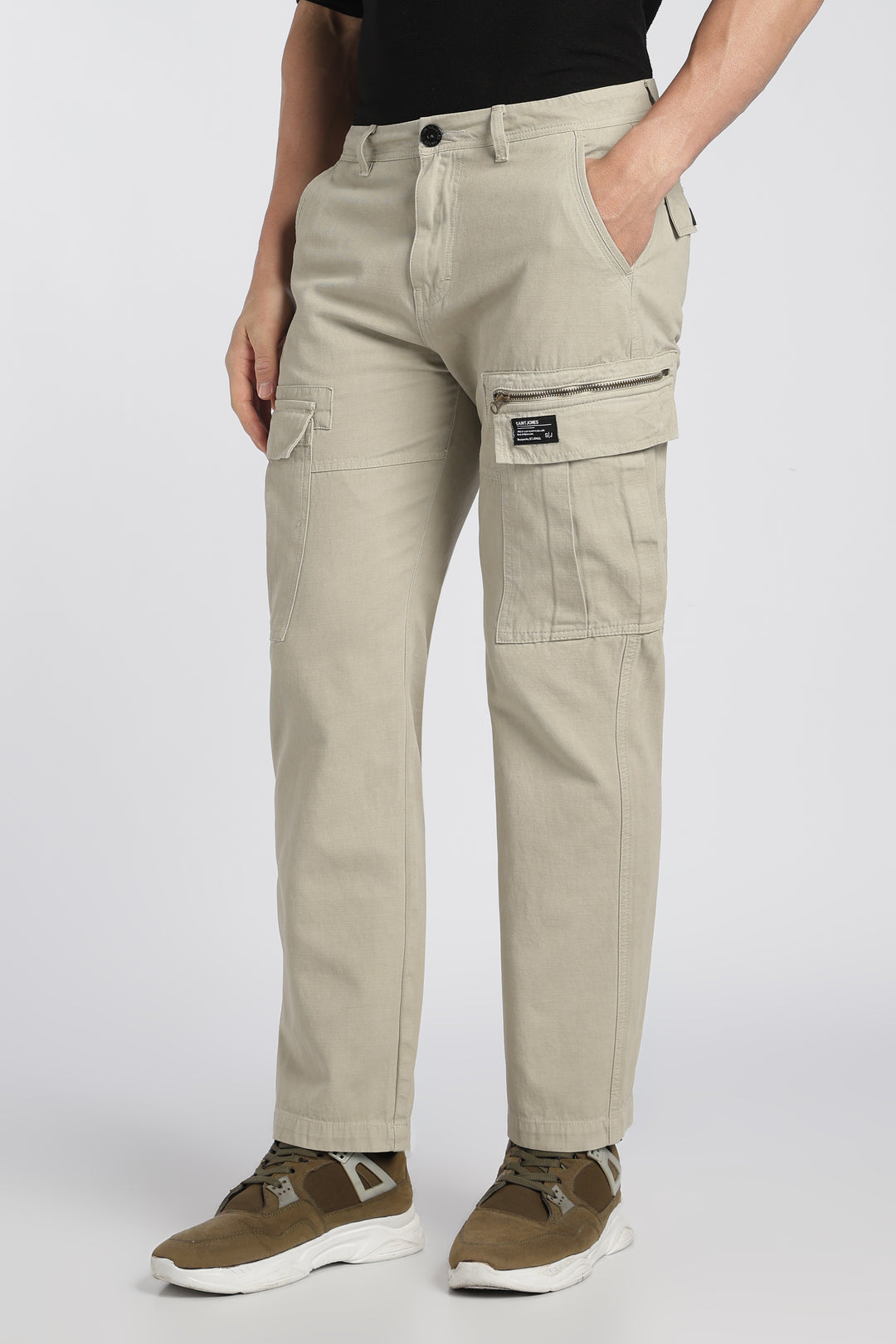 Men’s Beige Linen-Blend Cargo Pants