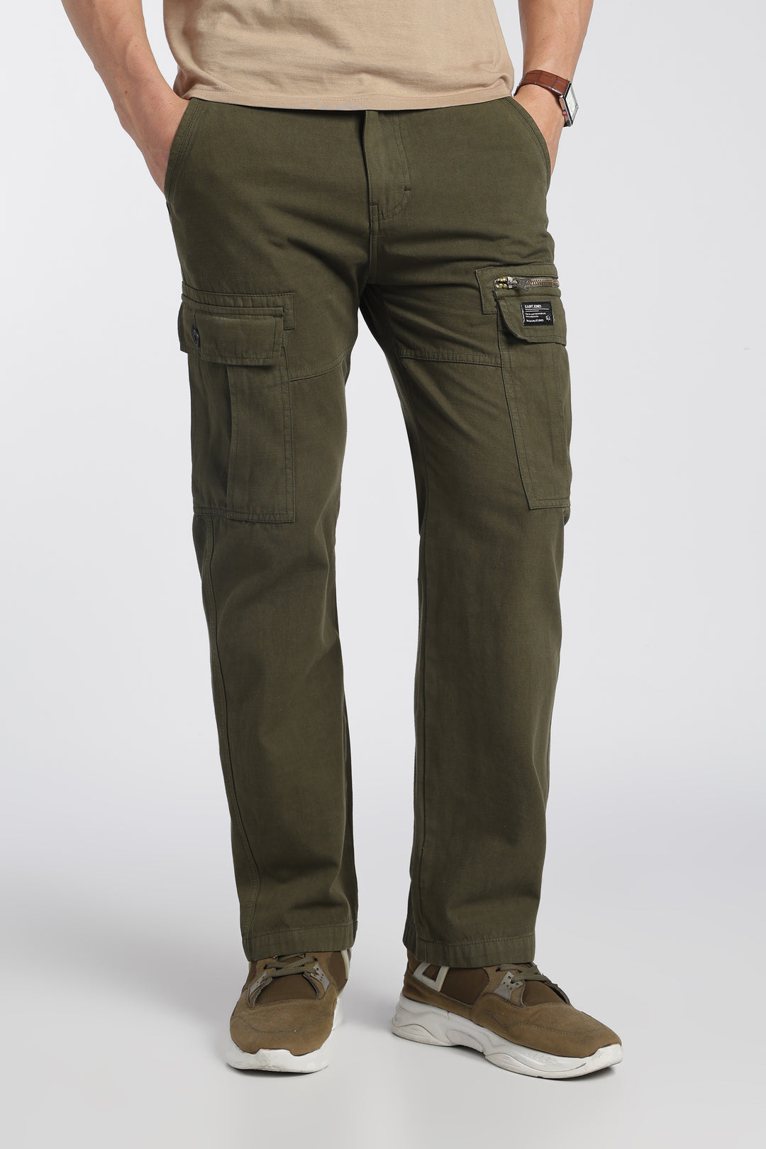 Men’s Taupe Linen-Blend Cargo Pants