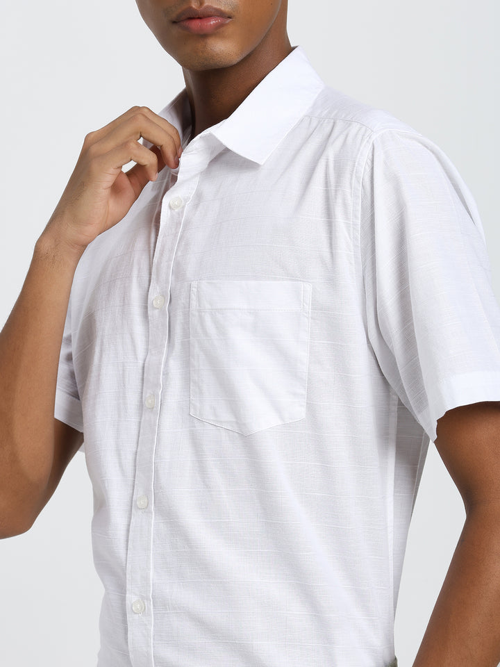White linen blend half sleeve shirt