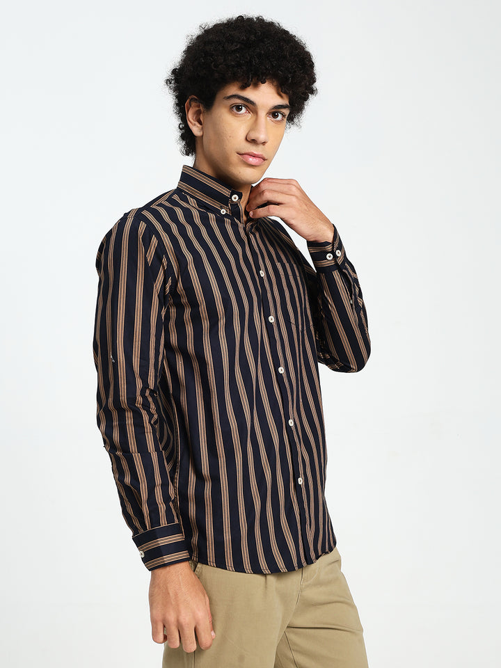 Man Wearing Navy Blue and Brown Striped Shirt