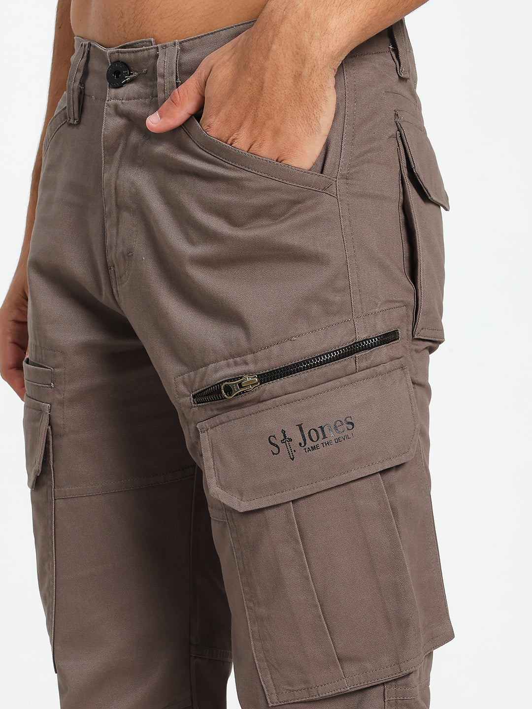 Brown cargo pants with a Saint jones logo on a white background