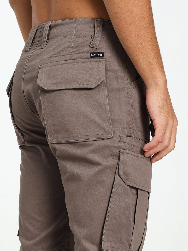 Brown cargo pants with a saint jones label on a white background