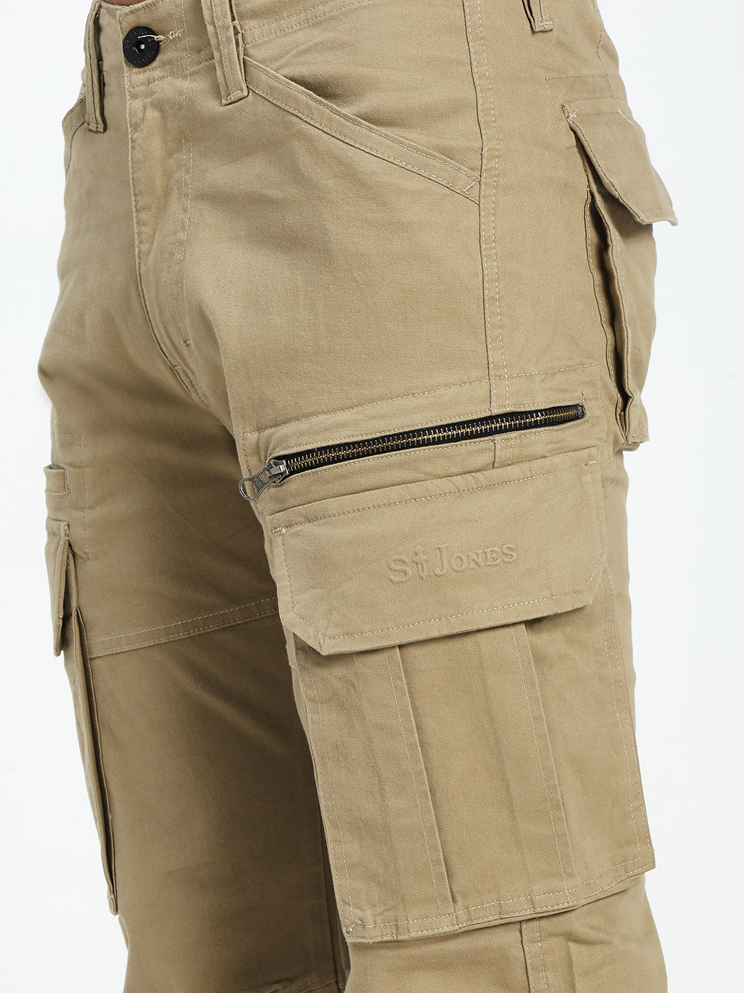 Beige cargo pant with multiple pockets and zippers on a white background