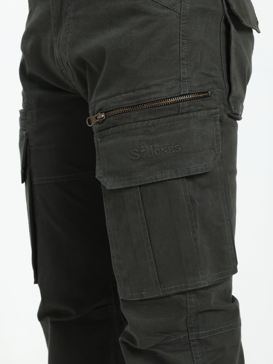 Dark green cargo pants with a visible saint jones logo on a white background