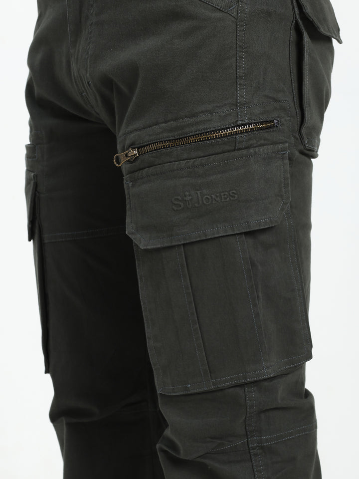 Dark green cargo pants with a visible saint jones logo on a white background