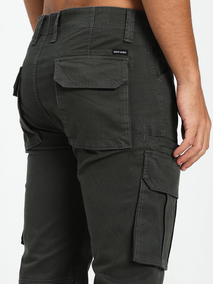 Dark Green cargo pants with multiple pockets on a plain background