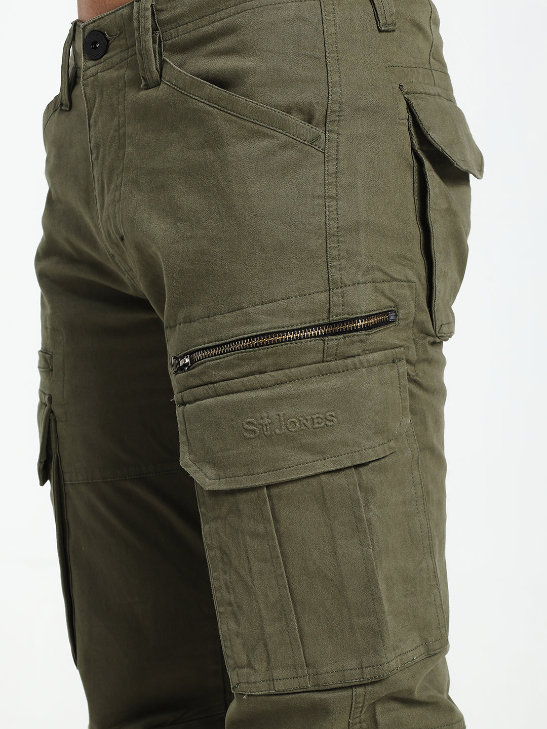 Olive Green cargo pants with a saint jones logo on a white background