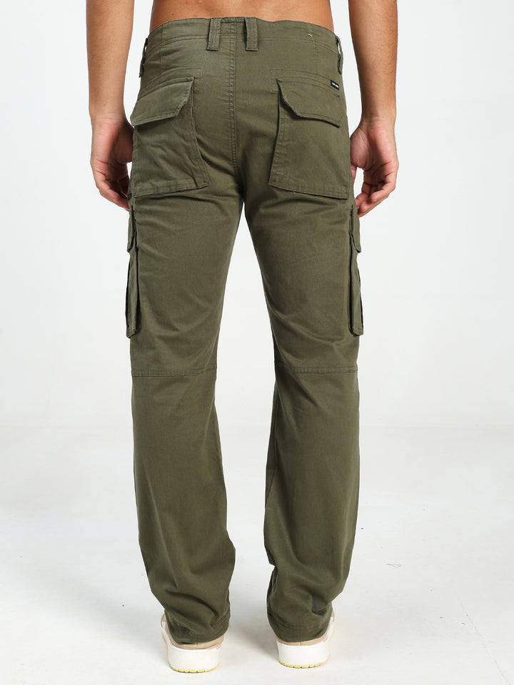 olive Green cargo pants worn by a person on a white background
