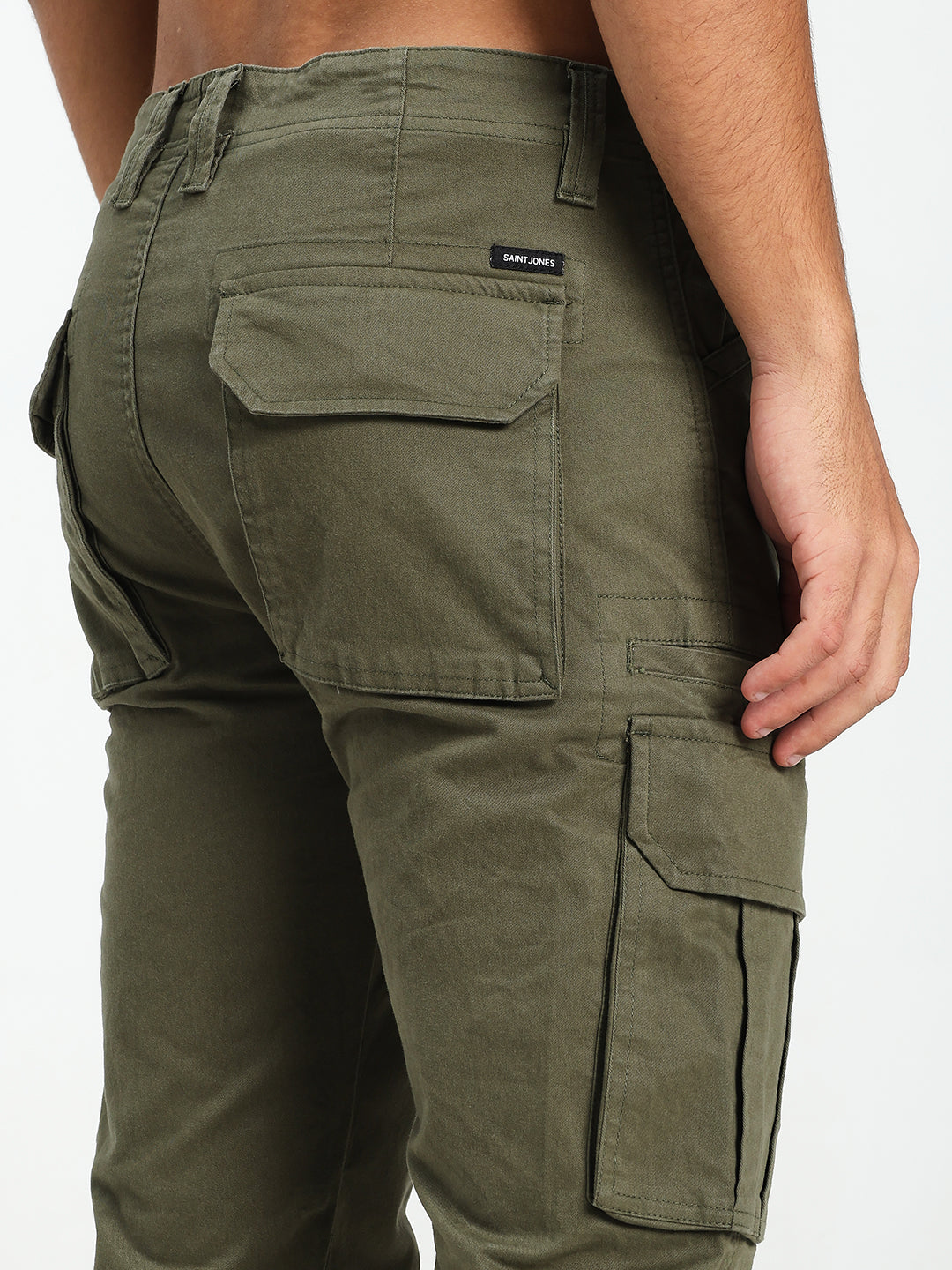 olive Green cargo pants with multiple pockets on a white background