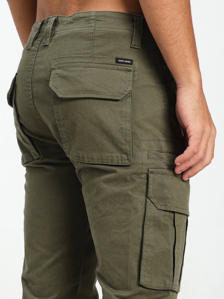 olive Green cargo pants with multiple pockets on a white background