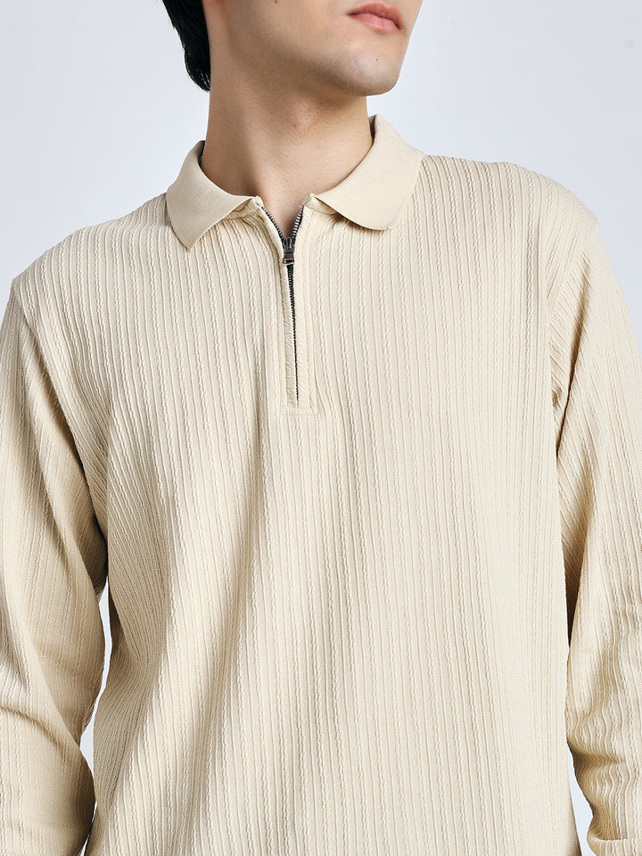 Cream front chain zipper T-shirt